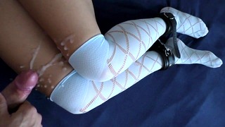 Big Cumshot on Her Sexy Legs in Blue Overknees Stockings Cum Nylons