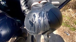 Cum at Her Leather Ass Outdoor and Let Her Go